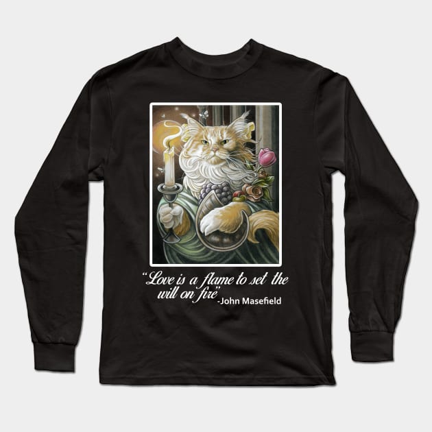 Candle Light Cat - Love Is A Flame Quote - White Outlined Version Long Sleeve T-Shirt by Nat Ewert Art